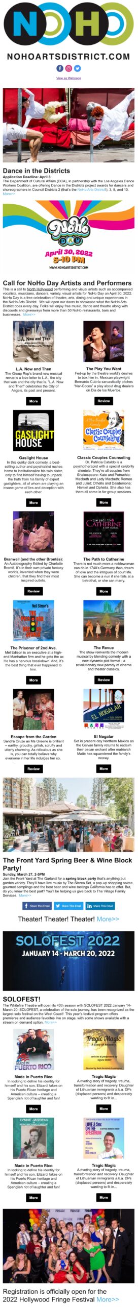 NoHo News. NoHo Day! The BIG Theatre Issue. Beer & Wine Block Party. Solo Theatre Festival. Hollywood Fringe Festival.