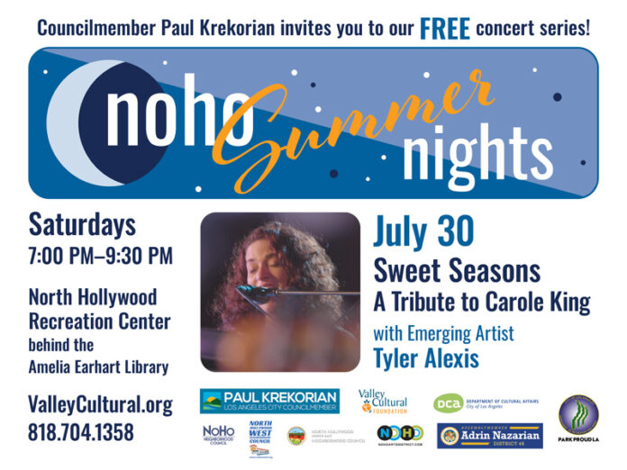 Sweet Seasons – A Tribute to Carole King, with Emerging Artist Taylor Alexis on Saturday, July 30 at NoHo Park.