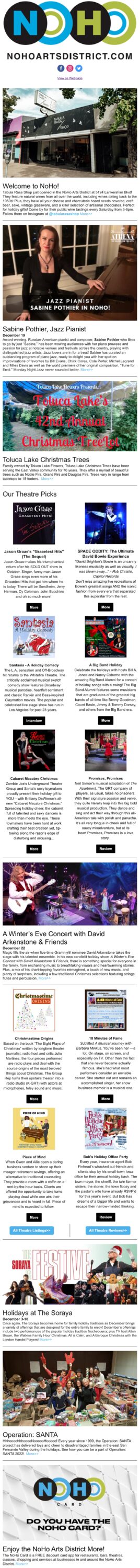 The NoHo News for December 15: Welcome, Tabula Rasa Shop! Monday Night Jazz. Space Oddity. A Winter’s Eve Concert. Tree Time! Christmas Cabaret. Operation: SANTA. Holidays at The Soraya. #KeepNoHoArtsy