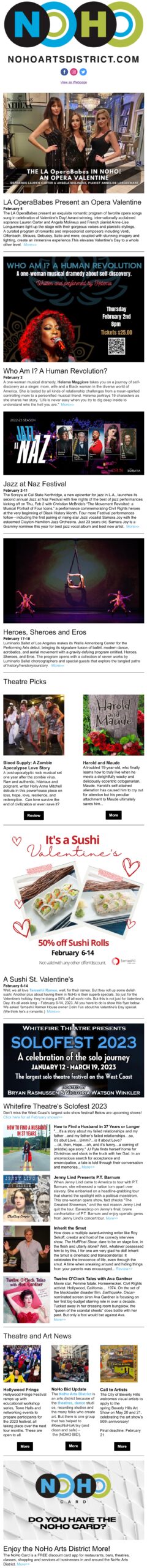 NoHo News: LA OperaBabes.  Jazz at Naz Festival.  A Sushi St.  Valentine's.  Heroes, Heroes and Eros.  Solofest 2023. Blood Supply - A Zombie Love Story.  Call to Artists.  #KeepNoHoArtsy