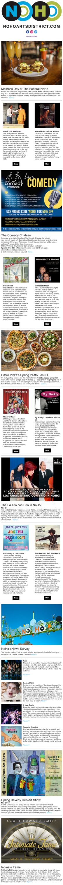 The NoHo News for May 11: NoHo News: Mother's Day at The Federal. Comedy Chateau. Pesto Fest-O. Trio con Brio. Spring Beverly Hills Art Show. So Much Theatre. #KeepNoHoArtsy