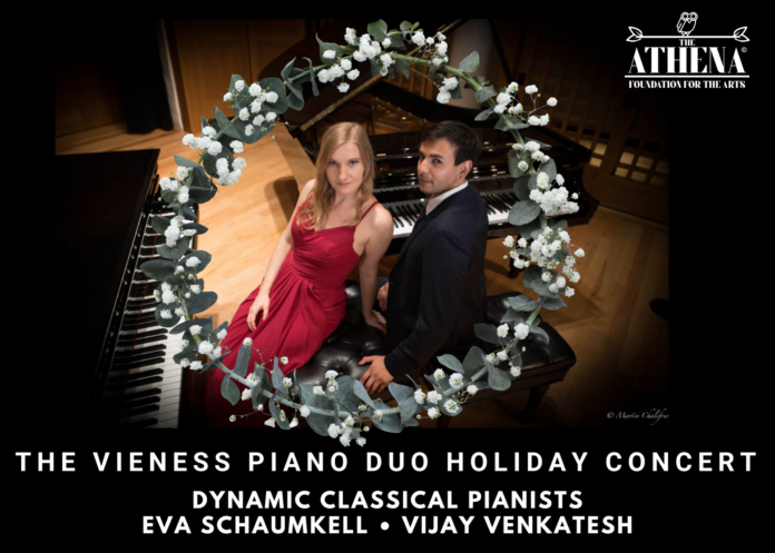 Two piano maestros in one concert, Eva Schaumkell and Vijay Venkatesh, The Vieness Piano Duo, celebrate the season at The Athena Foundation for the Arts 2023 Holiday Concert Series on Sunday, December 3.
