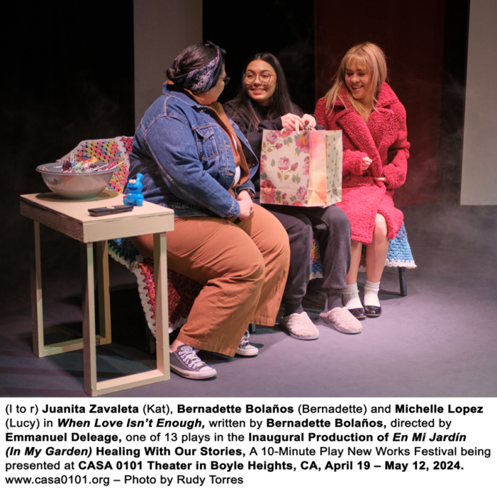 Photo 20 - (l to r) Juanita, Bernadette and Michelle - Photo by Rudy Torres - DSCF0517 A NoHo Arts theatre review of CASA 0101’s inaugural production of En Mi Jardín (In My Garden) – Healing with our Stories, a 10-minute new works play festival April 19 – May 12, directed by Emmanuel Deleage and Lorena M. Ortega, written by 13 playwrights and starring 14 actors.