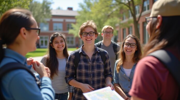 group of college students smiling on campus lawn with backpacks