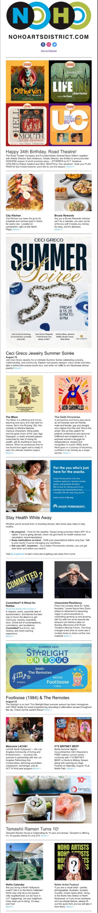 August 14: Happy 34th Road Theatre! Summer Soirée. IT’S BRITNEY BEEP. Bottomless Mimosas. Footloose. Tamashii Turns 10! The Heidi Chronicles. #KeepNoHoArtsy