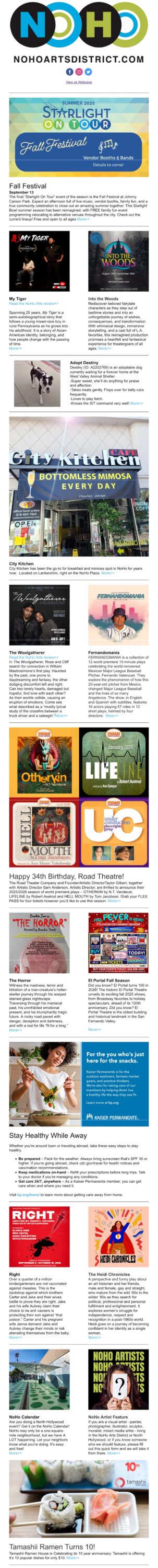 the screenshopt of the NoHo News for August 28: August 28: The Tiger. Into the Woods. Happy 34th Road Theatre! Bottomless Mimosas. The Horror. Meet Destiny. Fernandomania. Tamashii Turns 10! The Heidi Chronicles. #KeepNoHoArtsy