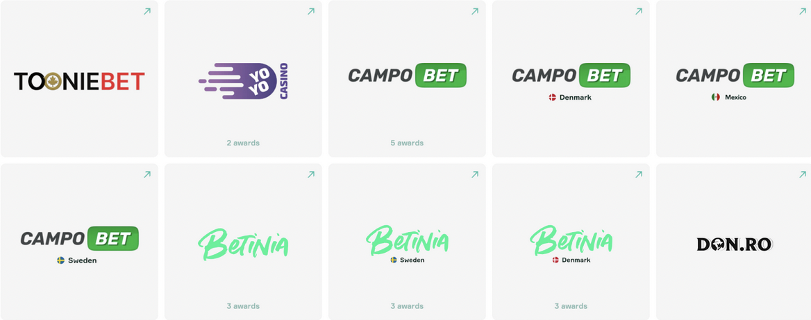 Soft2Bet iGaming brand portfolio including CampoBet, Betinia, YoYo Casino, ToonieBet, and Don.ro, with localized versions and award recognition.