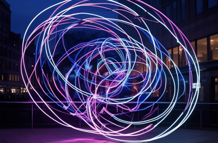 Colorful light trails in pink and blue creating swirling patterns at night, representing LED flow arts and leviwand performance.