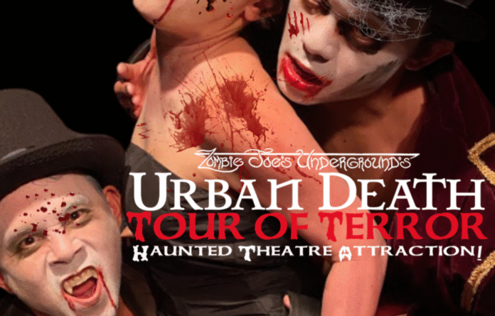 Actors in theatrical makeup performing a horror scene with blood effects for Zombie Joe’s Urban Death Tour of Terror haunted theatre attraction poster.