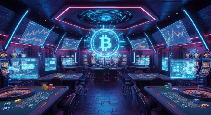 Futuristic casino with slot machines, roulette tables, digital charts, and a glowing Bitcoin symbol in neon lights.