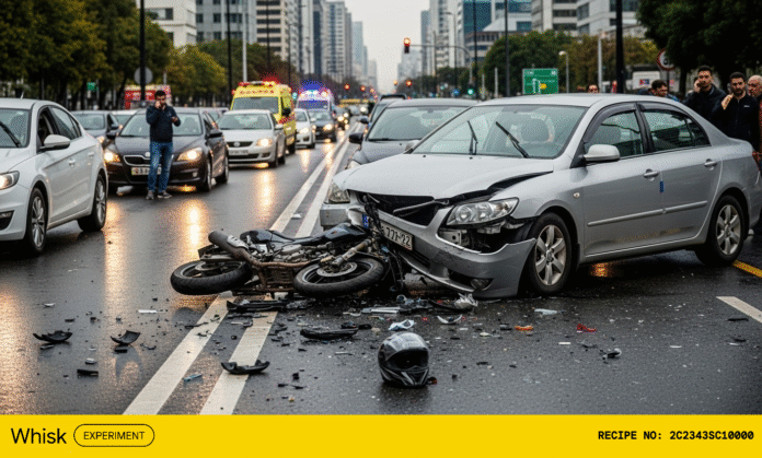 a car vs motorcycle accident on a busy road, daytime,