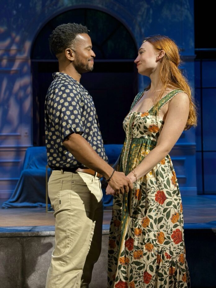 Actors portraying a romantic couple holding hands in I’ll Give You My Heart at the Colony Theatre.