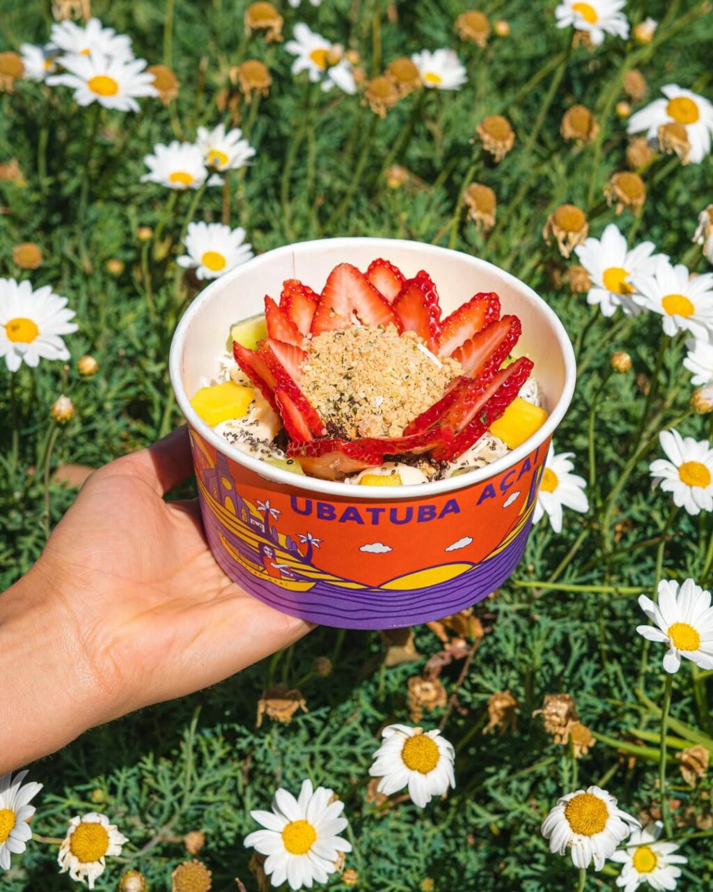 Ubatuba Açaí bowl held in front of white daisies outdoors.