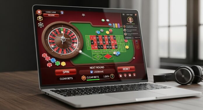 Laptop showing an online roulette game on a casino website.