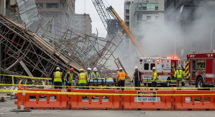 Emergency responders and construction workers at a collapsed building site with smoke, debris, and rescue vehicles.