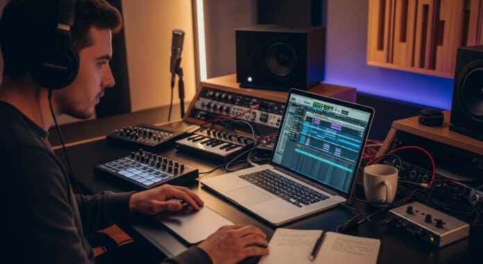 Whisk_922f6219781fa96adda4b047029cf288dr Creator using StockTune website to browse royalty-free music tracks.