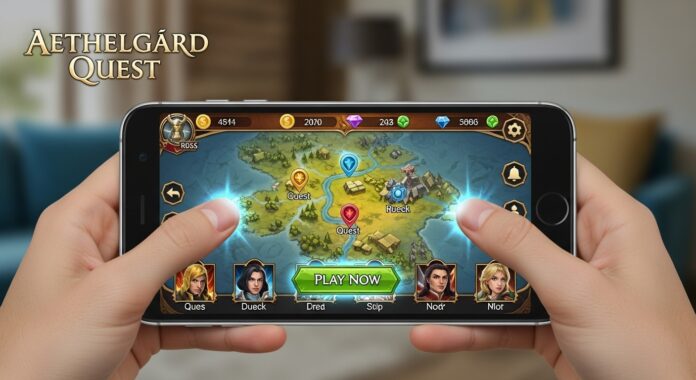 Hands holding a smartphone playing a fantasy adventure mobile game with a colorful map and character icons.