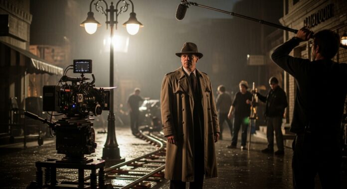A film crew shoots a scene on a rainy street set, with a man in a trench coat standing under lamplight as cameras and boom microphones capture the moment.