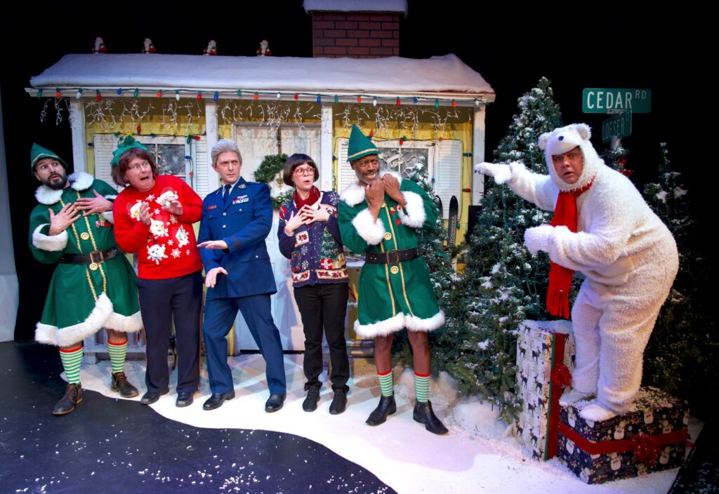 Cast of Santasia A Holiday Comedy performing a festive sketch at the Whitefire Theatre in Los Angeles.