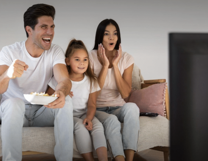 Albanian family watching TVALB music shows together in living room