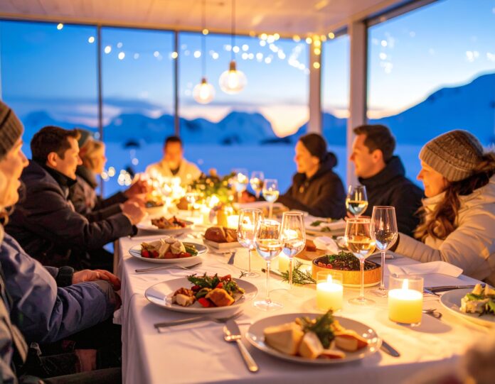 Winter Solstice dinner table with candles, décor, and seasonal accents.