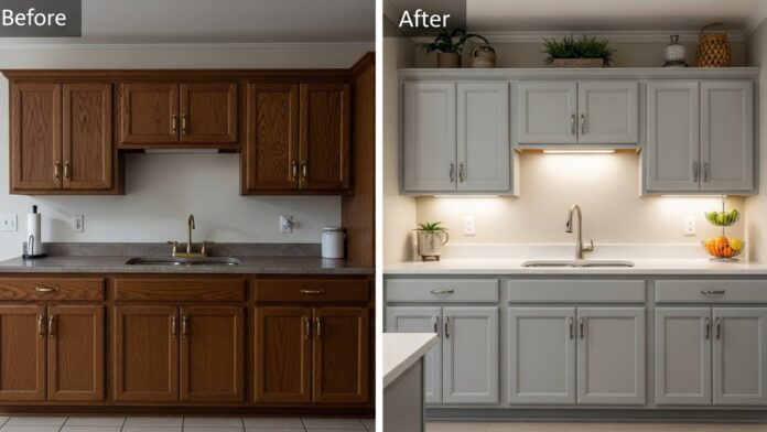 Before-and-after makeover showing budget-friendly kitchen cabinets transformed with paint, new hardware, and lighting for a premium look.