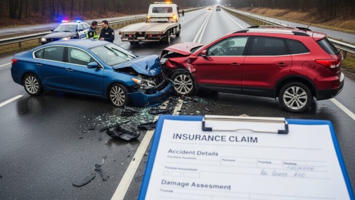 Two cars after a collision on a highway, showing what happens when you're hit by an out-of-state driver.