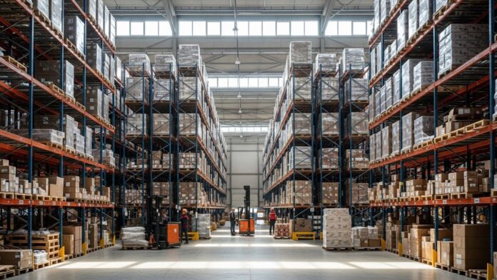 Large warehouse with tall racks of pallets and workers using forklifts to move inventory.