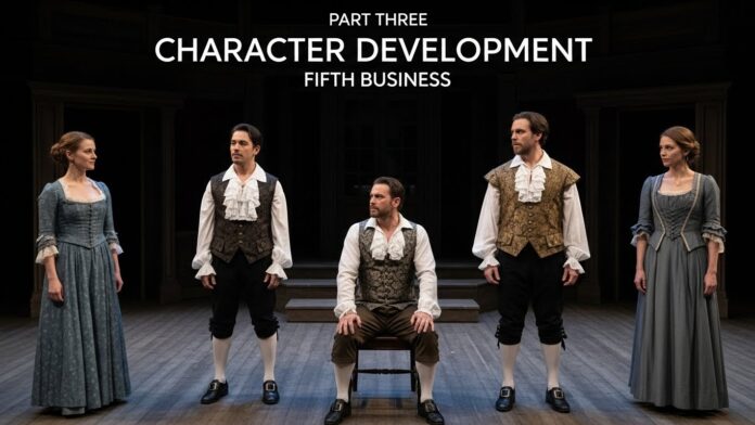 Whisk_64d1d82debdc937ba4748a9986d99b3bdr Cast members in period costumes standing onstage around a seated actor during a theatrical production, with the title “Character Development Fifth Business” displayed above.
