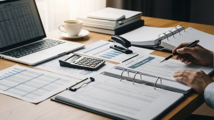 Auditor reviewing financial statements at a desk with spreadsheets, a laptop, calculator, and binders during an audit review.