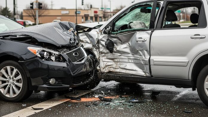 Driver-side T-bone collision showing vehicle damage and side-impact intrusion