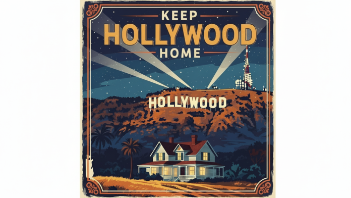 A vintage-style illustration of the Hollywood Hills with the Hollywood sign, searchlights in the night sky, and a house in the foreground framed by the phrase “Keep Hollywood Home.”