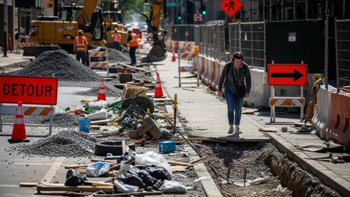 Pedestrian walking beside a construction zone with cones, barriers, and uneven pavement.