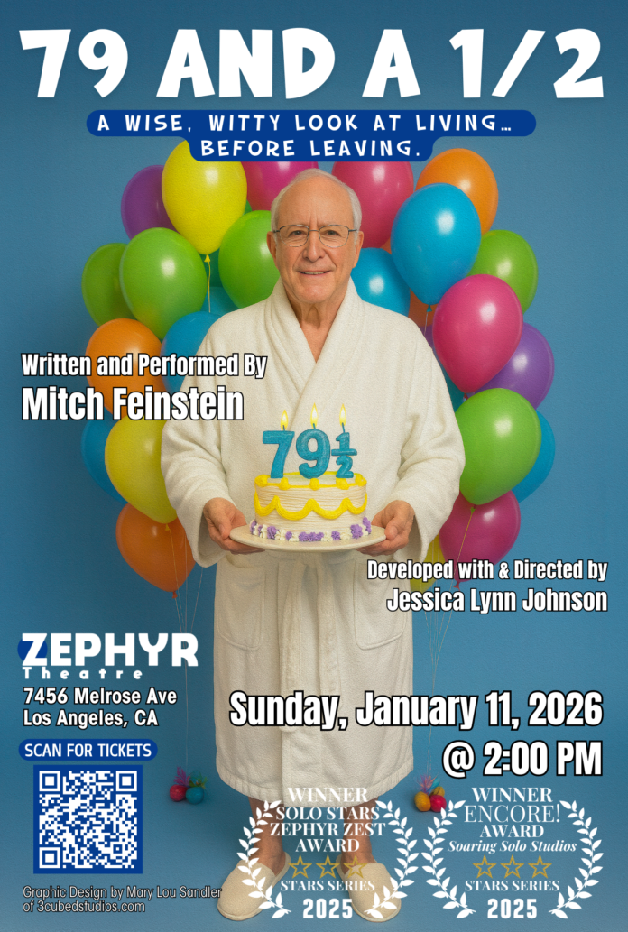 Poster for 79 and 1/2 Poster for 79 and 1/2, Mitch Feinstein’s award-winning solo show, featuring Feinstein holding a birthday cake surrounded by balloons at the Zephyr Theatre.