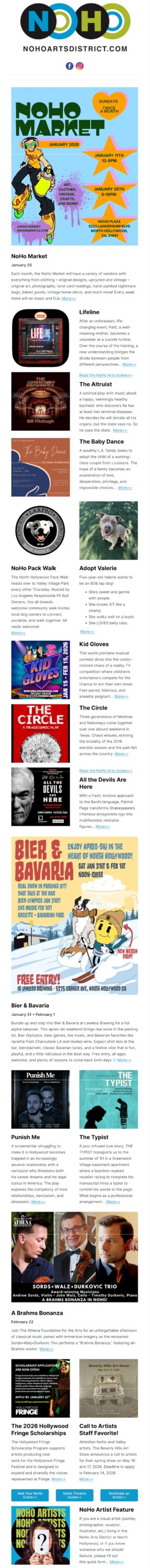 NoHo News January 22 featuring NoHo Market, theatre reviews, community events, and arts coverage