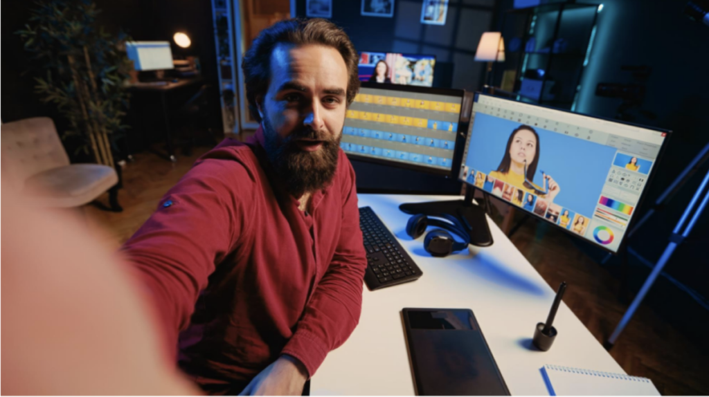 Online video maker user editing video content on a desktop computer