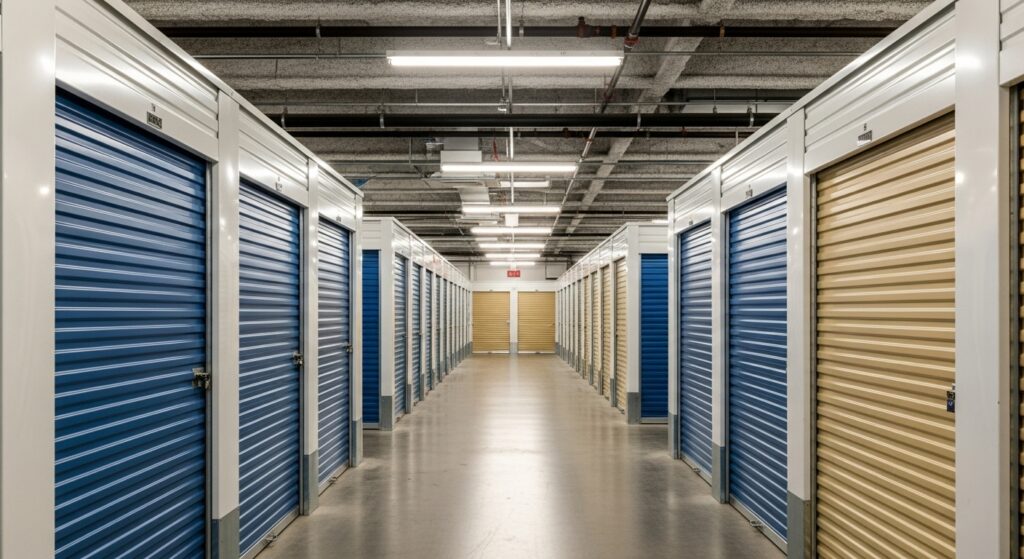 Interior hallway of rental storage units with roll-up doors