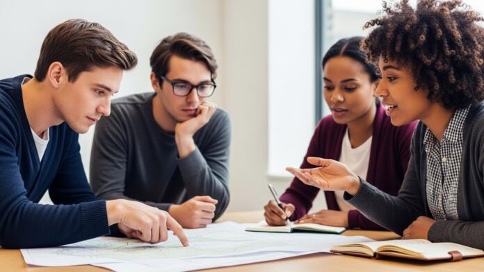 Startup team collaborating around a table to plan business growth