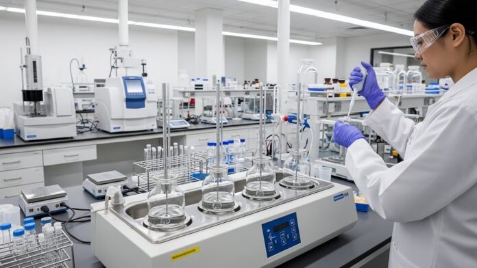 Whisk_27d7bb55ed612d7b8554bf366bca26a5dr In vitro release test performed using pharmaceutical dissolution testing equipment in a laboratory