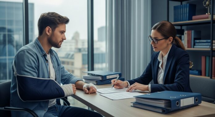 Personal injury claim consultation between injured client and attorney reviewing legal documents