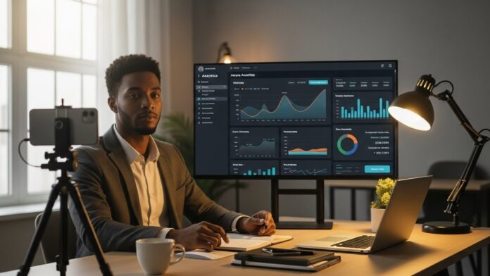 Whisk_58407cd9257744984af4c885a66331badr Business professional recording content at a desk with laptop, camera, and analytics dashboard displayed on a screen.