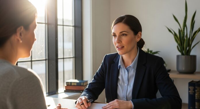 Personal injury lawyer consulting with client during claim evaluation meeting