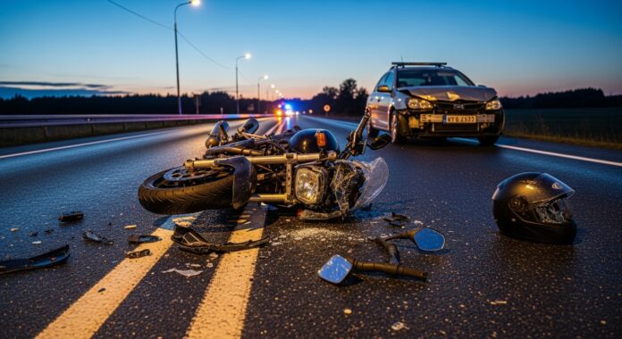 Motorcycle accident scene showing damaged bike and helmet on roadway
