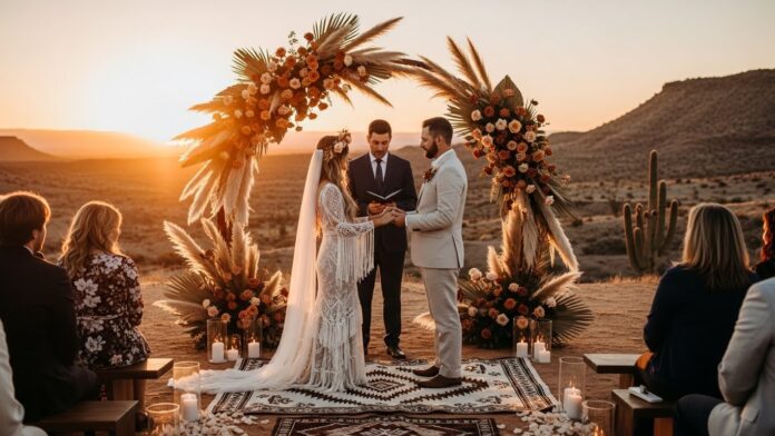 Desert wedding ceremony at sunset with bride wearing gold jewelry under a floral arch