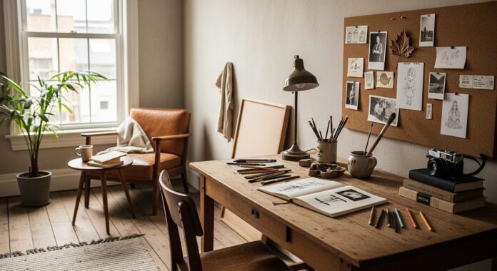 Whisk_851f6696aa891a992a2430a7679118b9dr Lived-in creative workspace with personal sketches, natural light, and authentic design process