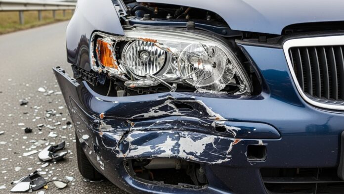 Close-up of front-end car accident damage showing broken headlight, bumper impact, and debris on the road