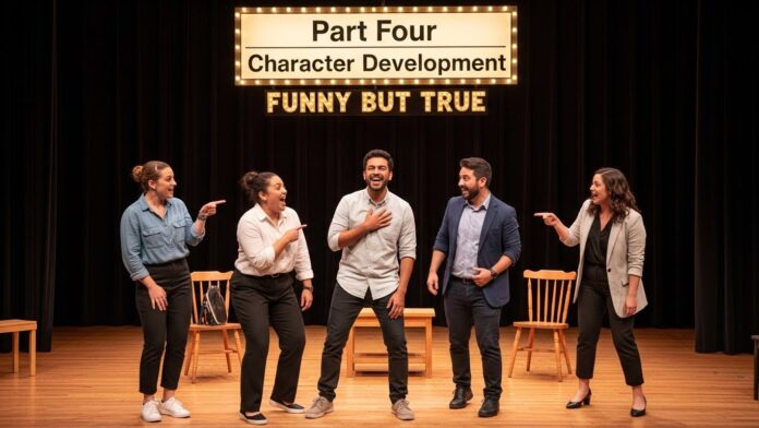 Actors performing a character development exercise on stage during Elise Dewsberry’s Funny But True vlog series.