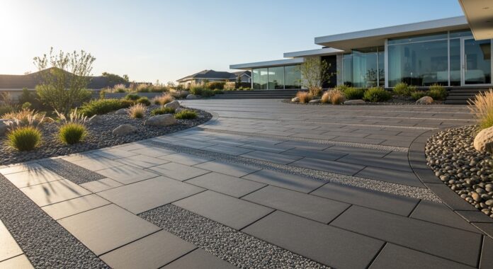 Whisk_96e70650a744e3f9dc54c312bd04a8a9dr Modern driveway paving with geometric concrete slabs and permeable stone detailing