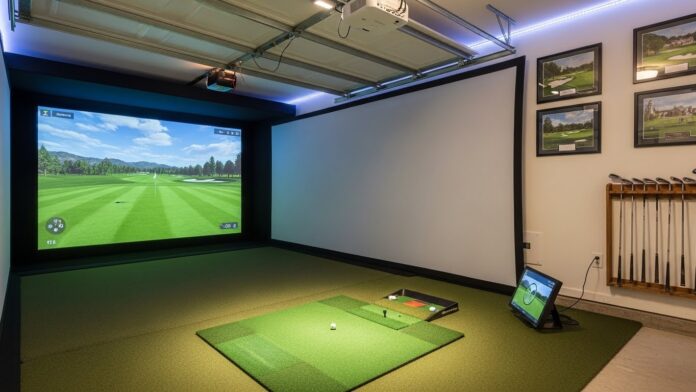 Garage golf simulator setup in a small single-car garage