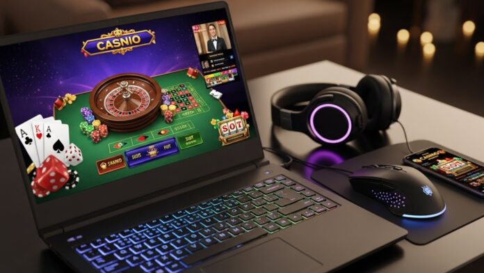 Online casino gameplay on laptop with roulette, cards, and chips displayed